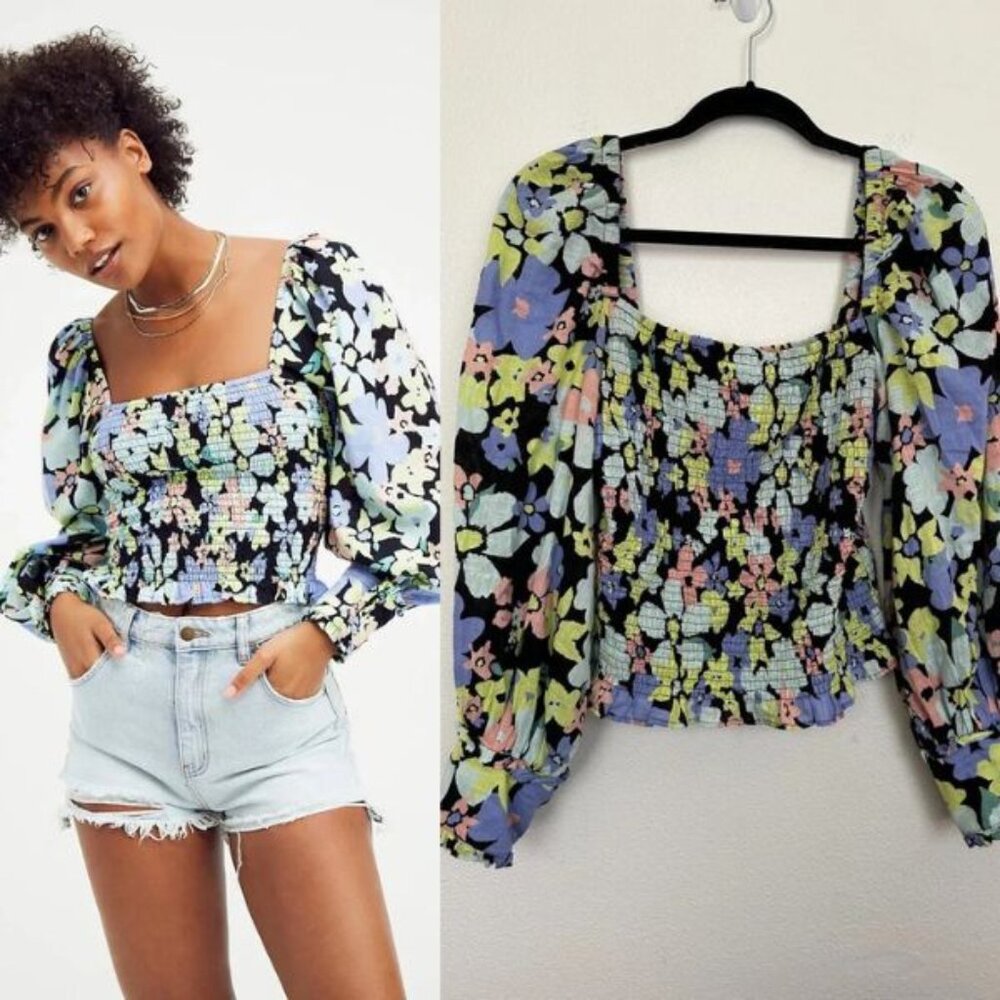 FREE PEOPLE Floral Ariana Smocked Bodice Puff Sleeve Top Blue Green Women's S